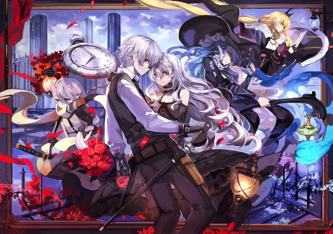 Обои картинки фото аниме, pixiv fantasia, pixiv, fantasia, saberiii, арт, парень, город, часы, девушки, оружие, меч