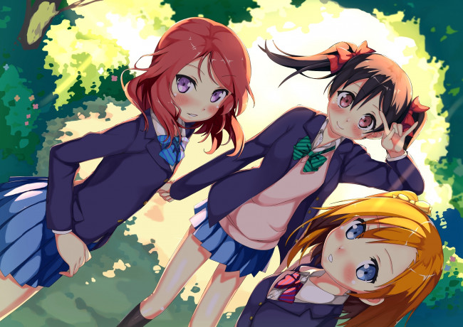 Обои картинки фото аниме, love live,  school idol project, nishikino, maki, purplrpouni, kousaka, honoka, love, live, school, idol, project, природа, девочки, kawai, yazawa, nico, арт