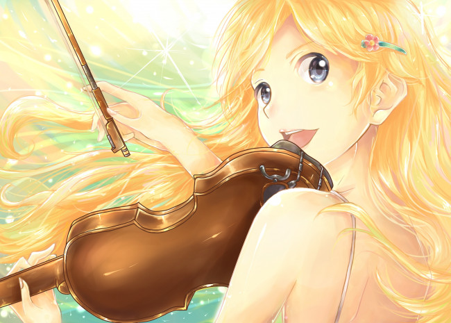 Обои картинки фото аниме, shigatsu wa kimi no uso, shigatsu, wa, kimi, no, uso, miyazono, kawori, арт, девушка, блондинка, скрипка