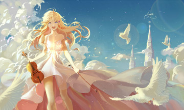 Картинка аниме shigatsu+wa+kimi+no+uso скрипка фон взгляд девушка