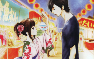 Картинка аниме say+i+love+you yamato kurosawa фонари вечер люди вывески прилавки mei tachibana улица рыбки юката say i love you kanae hazuki art