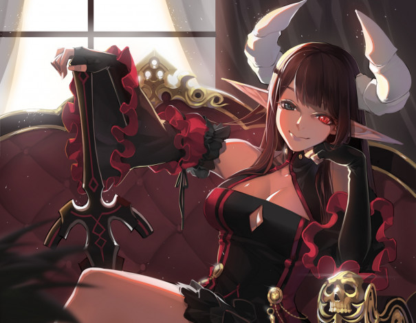 Обои картинки фото аниме, ангелы,  демоны, рога, девушка, демон