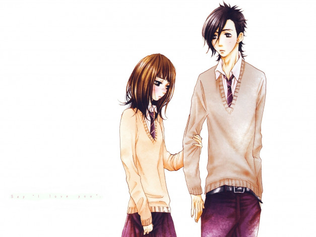 Обои картинки фото аниме, say i love you, say, i, love, you, art, mei, tachibana, kanae, hazuki, школьники, галстук, румянец, смущение, yamato, kurosawa, белый, фон