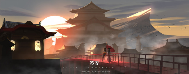 Обои картинки фото аниме, pixiv fantasia, закат, город, девушки