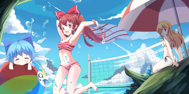 Обои картинки фото аниме, touhou, девушки, взгляд, фон