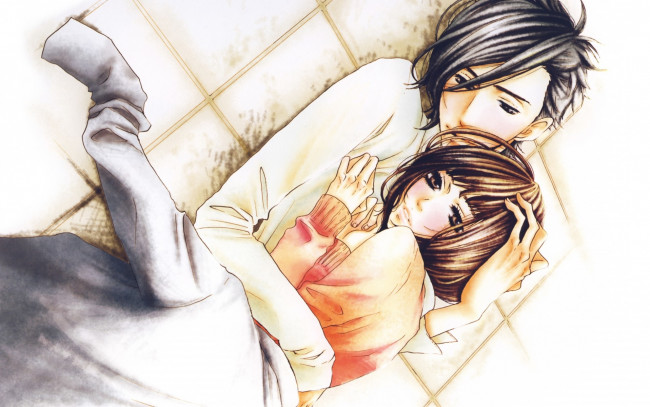 Обои картинки фото аниме, say i love you, школьники, yamato, kurosawa, mei, tachibana, say, i, love, you, пол, пиджак, пара, объятия, румянец, kanae, hazuki, art, любовь