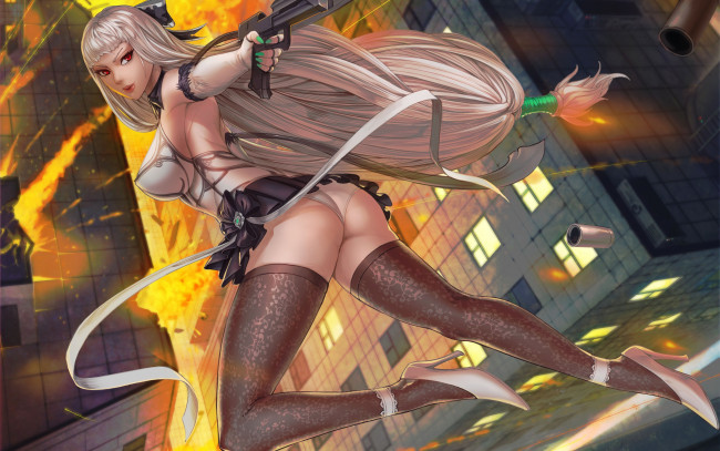 Обои картинки фото фэнтези, девушки, сиськи, волосы, грудь, разрушение, взрыв, туфли, задница, гильзы, дом, чулки, девушка, пистолет, юбка, огонь, попа