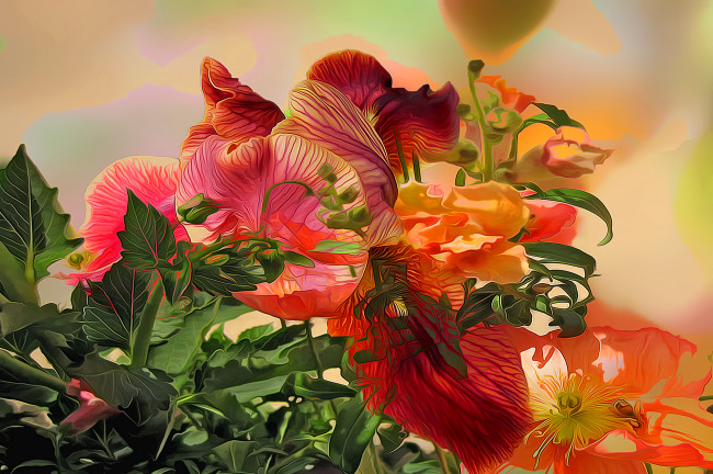 Обои картинки фото разное, компьютерный дизайн, линии, листья, цветы, краски, растение