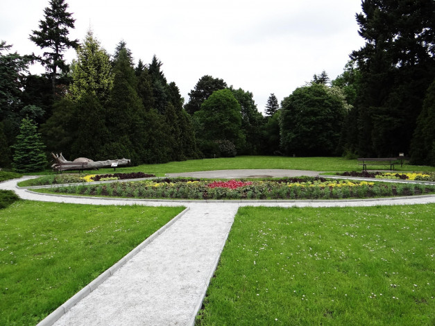 Обои картинки фото природа, парк, лужайки, аллея, клумба, деревья