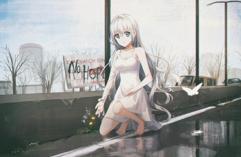 Картинка аниме город +улицы +интерьер +здания фон взгляд девушка