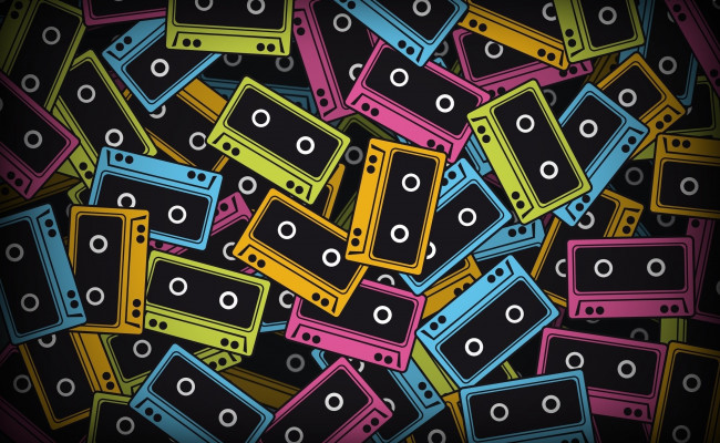 Обои картинки фото векторная графика, техника , equipment, россыпь, кассеты, цвета