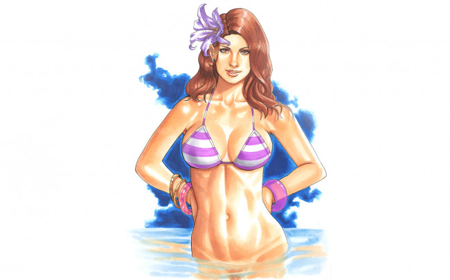 Обои картинки фото рисованное, люди, купальник, девушка, фон, взгляд