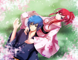 Картинка аниме fairy+tail лепестки парень кимоно девушка