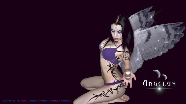 Обои картинки фото календари, 3д-графика, тату, девушка, крылья, рисунок, узор