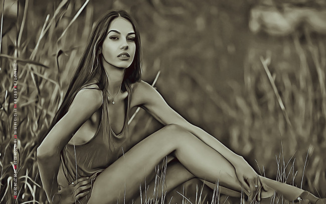 Обои картинки фото календари, компьютерный дизайн, трава, природа, девушка