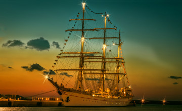 Картинка корабли парусники ночь причал парусник огни