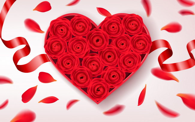Обои картинки фото векторная графика, цветы , flowers, фон, коробка, подарок, сердце, розы, лепестки, лента, красные, бутоны