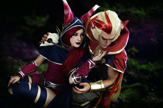 Обои картинки фото разное, маски,  карнавальные костюмы, rakan, league, of, legends, xayah, косплей, пара