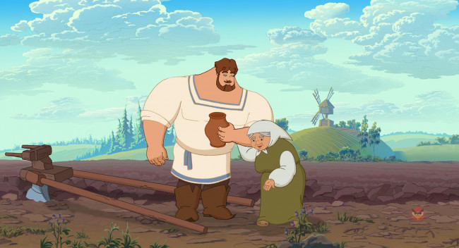 Обои картинки фото мультфильмы, илья муромец и соловей разбойник, илья, муромец, мама, богатырь, кувшин, поле