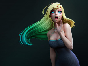 Картинка 3д+графика люди+ people blue eyes women blonde digital art anime girls open mouth simple background neckline tight dress