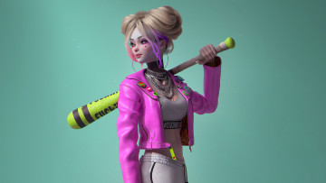 Картинка 3д+графика люди+ people взгляд блондинка большая грудь хулиганка значки бейсбольная бита look blonde цепочки harley quinn харли квин big breasts baseball bat розовая куртка grey top серый топ