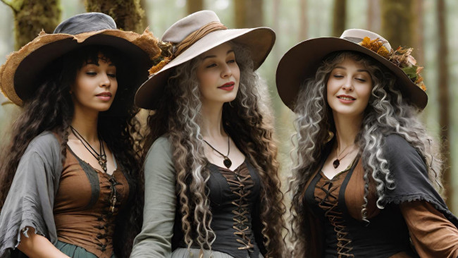 Обои картинки фото 3д графика, люди , people, нейросети, графика, нейроарт, ai, art, нейронные, сети, рисунки, нейро, искусство, нейрографика, graphics, neuroart, neural, networks, drawings, neuro, neurography, три, девушки, шляпа, кудри