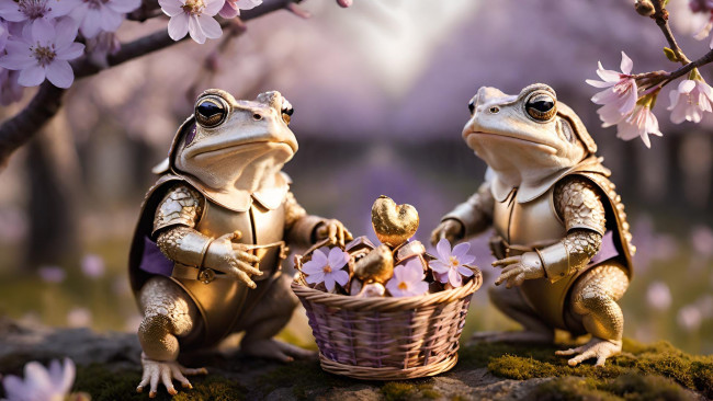 Обои картинки фото 3д графика, животные , animals, нейросети, графика, нейроарт, ai, art, нейронные, сети, рисунки, нейро, искусство, нейрографика, graphics, neuroart, neural, networks, drawings, neuro, neurography, лягушка, корзина, цветы