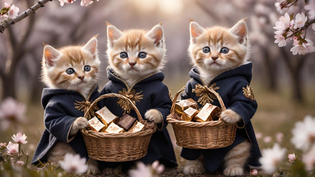 Обои картинки фото 3д графика, животные , animals, нейросети, графика, нейроарт, ai, art, нейронные, сети, рисунки, нейро, искусство, нейрографика, graphics, neuroart, neural, networks, drawings, neuro, neurography, котята, корзинка, цветы