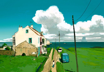 обоя рисованное, города, дома, дорога, море, машины, провода, облака, мальчик