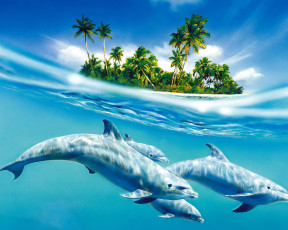 обоя рисованные, животные, дельфины