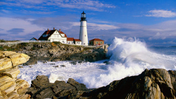 Картинка природа маяки пена волна камни брызги забор прибой скалы