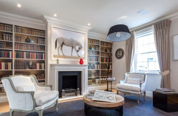 Картинка интерьер гостиная камин книги