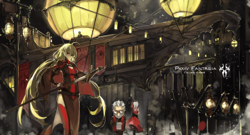 Картинка аниме pixiv+fantasia девушка ночь улица фонари огни город корабль платье мужчина armeechef знамя ворон снег меч