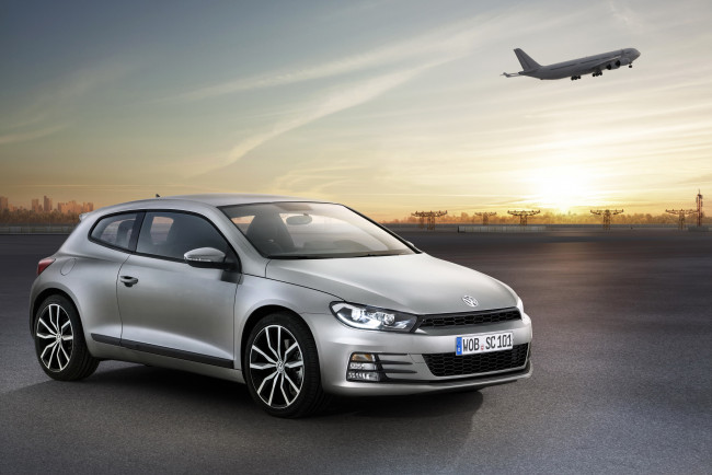 Обои картинки фото 2014 volkswagen scirocco 2, 0 tsi, автомобили, volkswagen, закат, серебристый, scirocco
