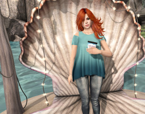 обоя 3д графика, люди , people, взгляд, ракушка, фон, девушка