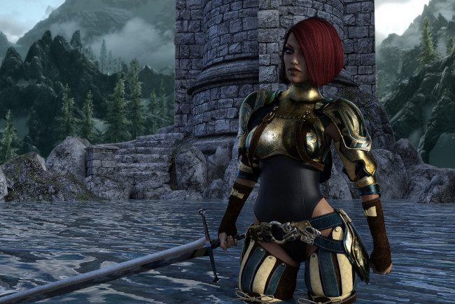 Обои картинки фото 3д графика, амазонки , amazon, девушка, взгляд, оружие, фон