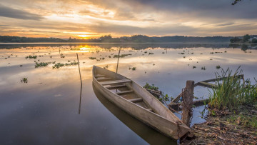 Картинка корабли лодки +шлюпки закат река лодка деревья берег