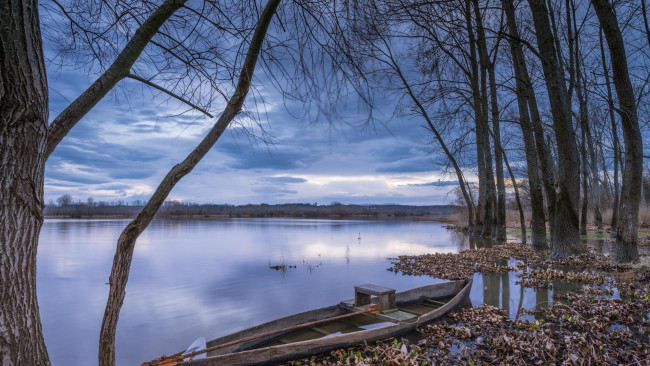 Обои картинки фото корабли, лодки,  шлюпки, закат, река, лодка, деревья, берег