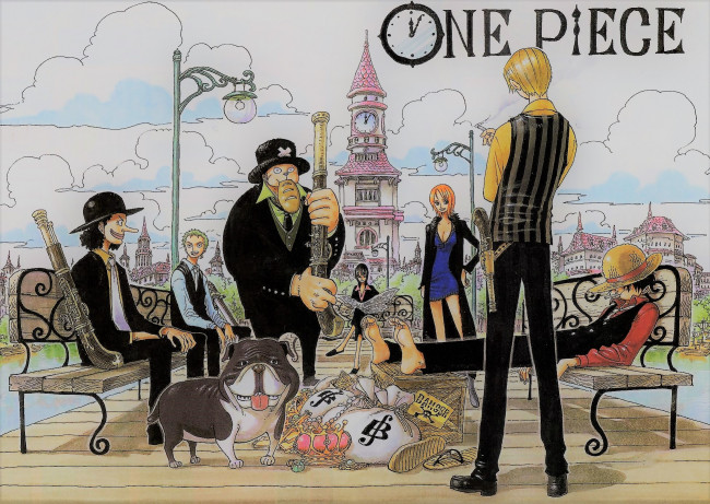 Обои картинки фото аниме, one piece, башня, оружие, фонарь, газета, город, мешок, скамейки, драгоценности, персонажи, собака