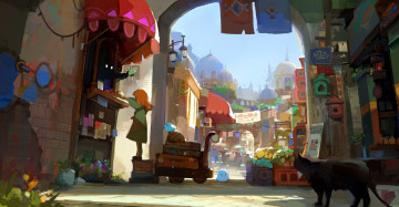 Картинка фэнтези иные+миры +иные+времена девочка кот улица торговля