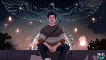 Картинка фэнтези люди парень орел фонарики забор