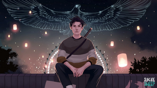 Обои картинки фото фэнтези, люди, парень, орел, фонарики, забор