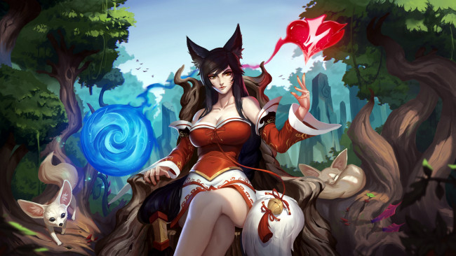 Обои картинки фото видео игры, league of legends, ahri, хвосты, сердечко, магия, звери