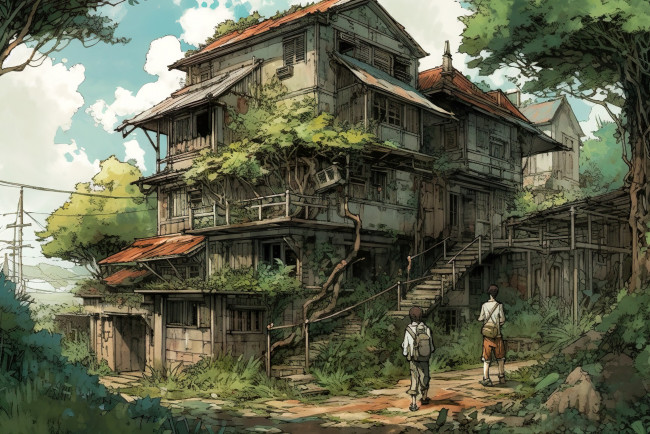 Обои картинки фото аниме, город,  улицы,  интерьер,  здания, старый, заросший, дом