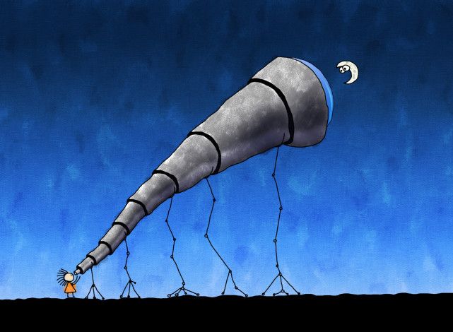 Обои картинки фото рисованное, vladstudio, телескоп, человечек, луна