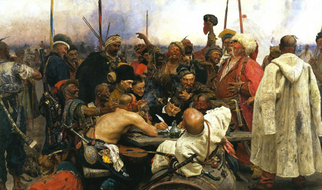 Обои картинки фото илья, репин, запорожцы, пишут, письмо, турецкому, султану, рисованные, оружие, история, искусство, казаки, мужчины, смех