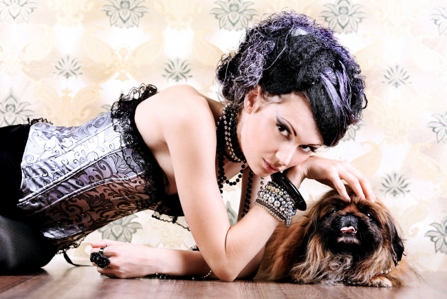 Обои картинки фото -Unsort Брюнетки Шатенки, девушки, unsort, брюнетки, шатенки, взгляд, собака, пекинес, браслеты, корсет