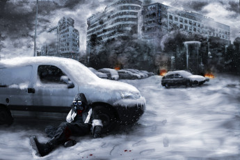 Картинка фэнтези люди романтика апокалипсиса противогаз руины здания огонь автомобили обломки арт alexiuss