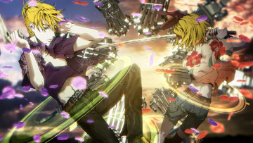 Картинка аниме vocaloid kagamine rin len облака небо пистолеты nagimiso арт оружие катана парень лепестки девушка