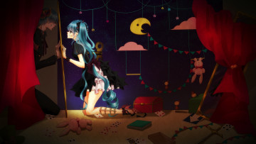 Картинка аниме vocaloid облака месяц девушка парень арт sona вокалоид hatsune miku заяц карты mikuo